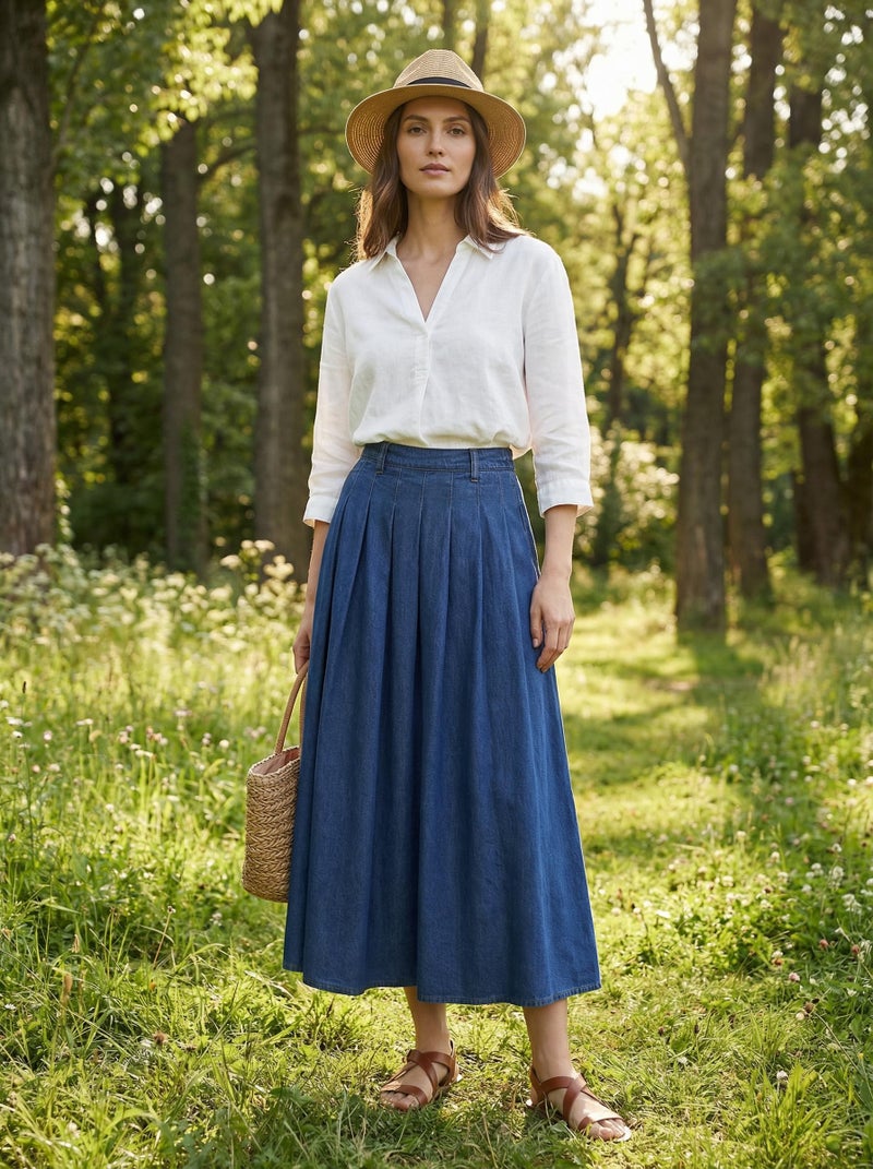 CIDER Womens Jean Skirts Long Denim Pleated A Line High Waisted Skirt Blue, XL - Image 3