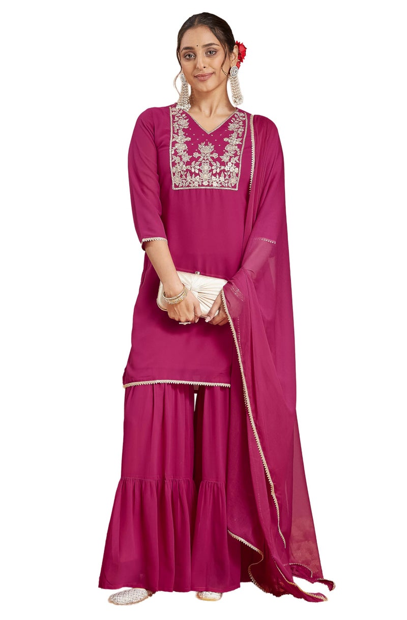 Janasya Women's Pink Georgette Embroidered Straight Kurta with Sharara & Dupatta Set(JAB25ST02573-M) - Image 1