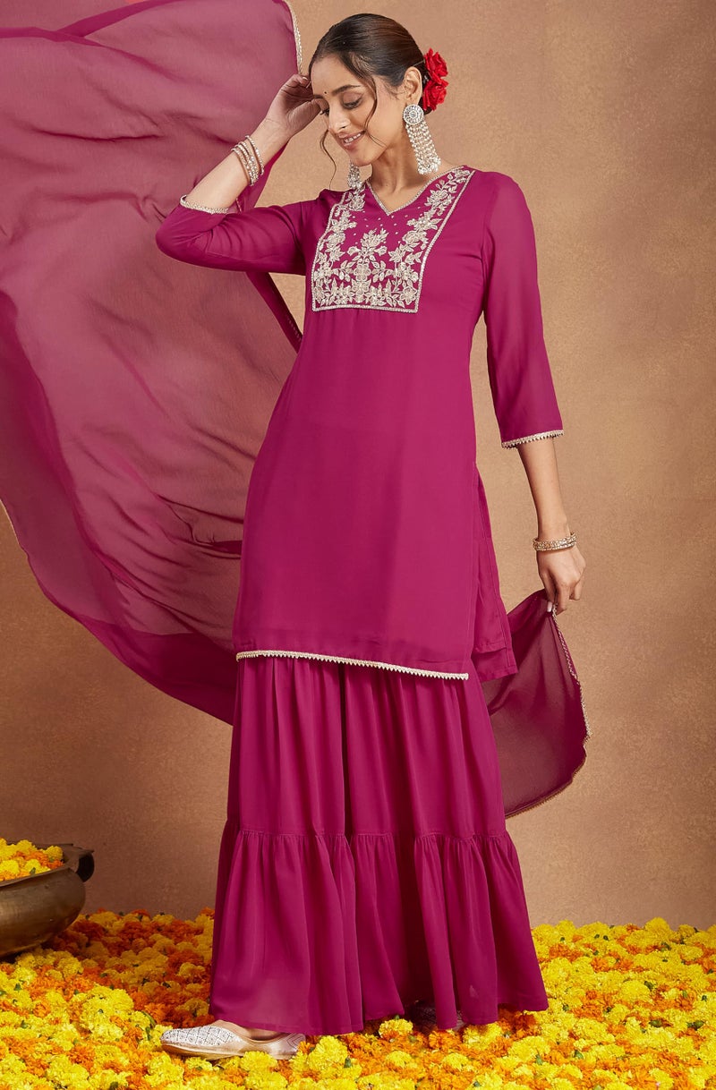 Janasya Women's Pink Georgette Embroidered Straight Kurta with Sharara & Dupatta Set(JAB25ST02573-M) - Image 3