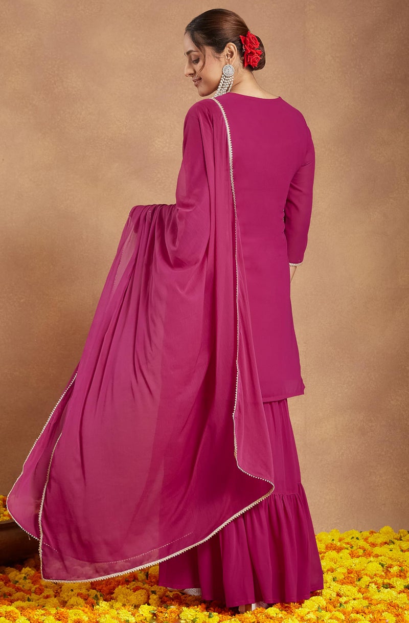 Janasya Women's Pink Georgette Embroidered Straight Kurta with Sharara & Dupatta Set(JAB25ST02573-M) - Image 4
