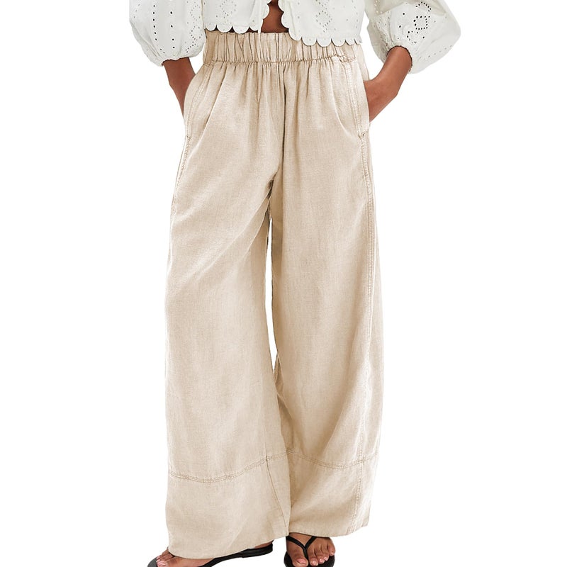 SeeLuNa Linen Pants for Women Cotton Baggy Boho Casual Palazzo Pants Wide Leg Long Lounge Trousers with Pockets(Apricot,S) - Image 1