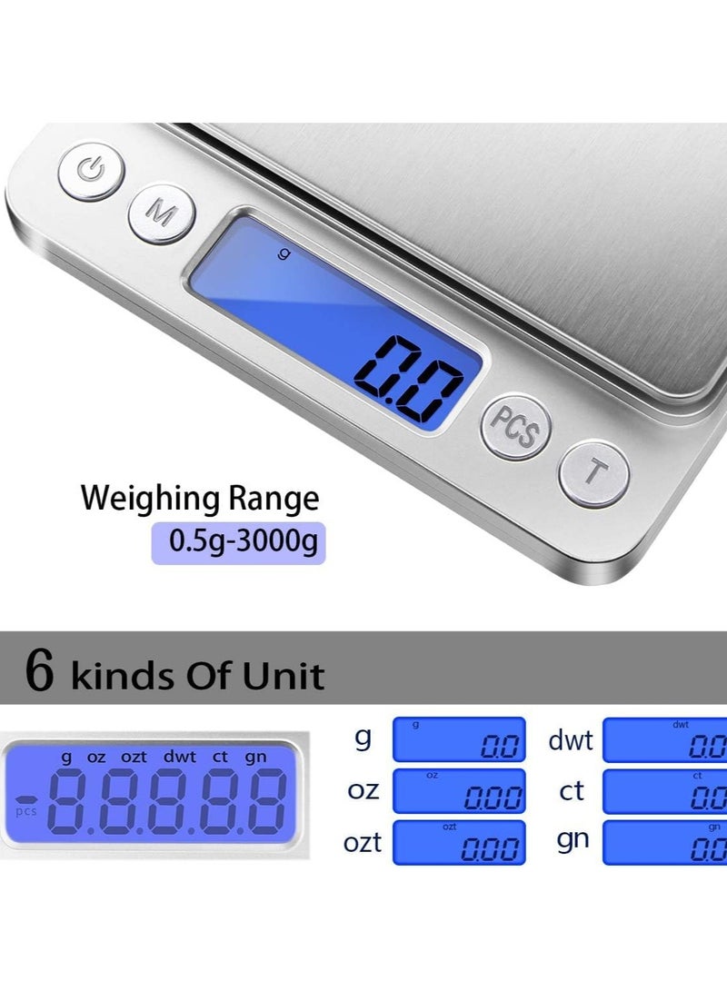 3000 g/0.1g, Food Scale, 6 Measurement Modes, Lcd Display, Tare Weight, Digital Scale In Grams And Ounces, With 2 Trays For Storing Food, Cooking, Nutrition, Reptiles - Image 2