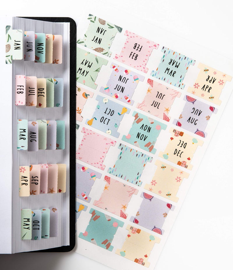 DiverseBee Laminated Planner Monthly Tabs, 24 Peel and Stick Tabs for Notebooks (12 Month Tabs and 12 Blank Tabs), Calendar Monthly Tab Stickers/Dividers (Assorted), Medium - Image 1