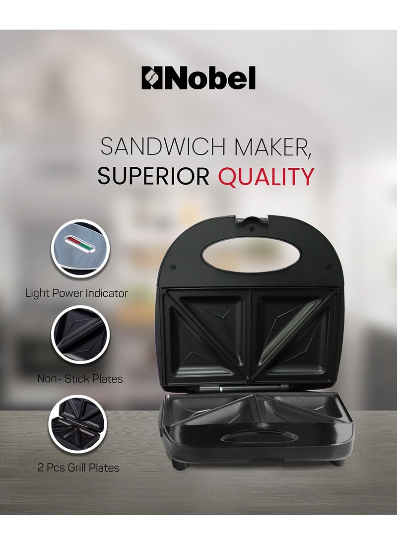 Nobel Sandwitch Plate Grill Plate Fixed Temperature Control with LED Power Indicator NSM25S Black/Silver