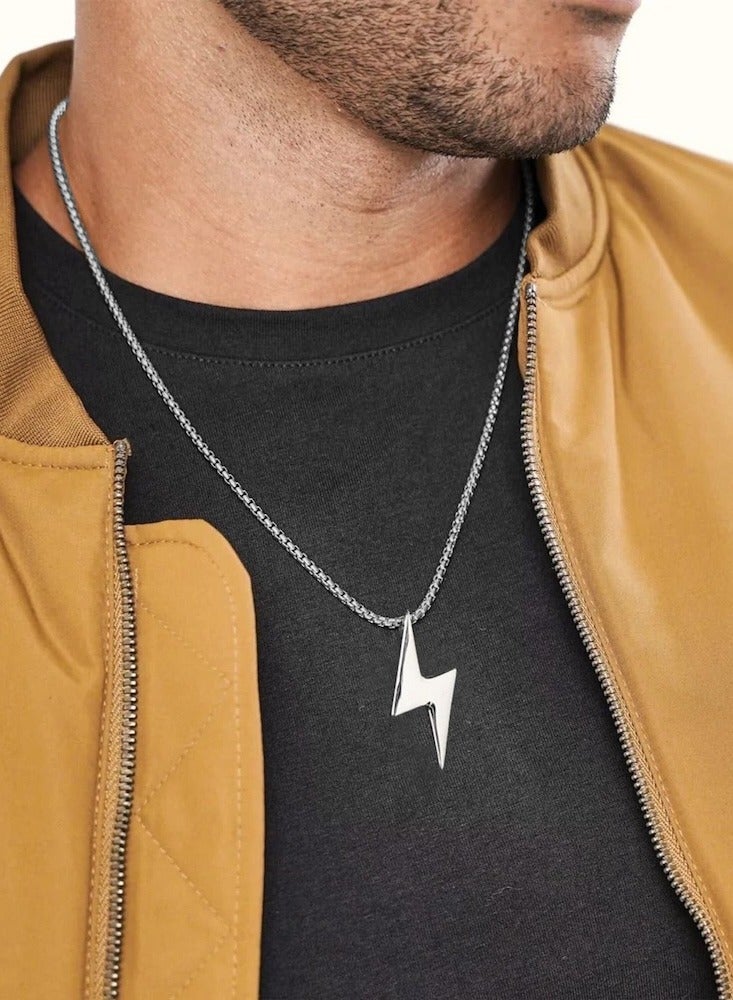 Bold Stainless Steel Lightning Bolt Pendant with Box Chain - Energetic Men's Statement Necklace  - Image 4