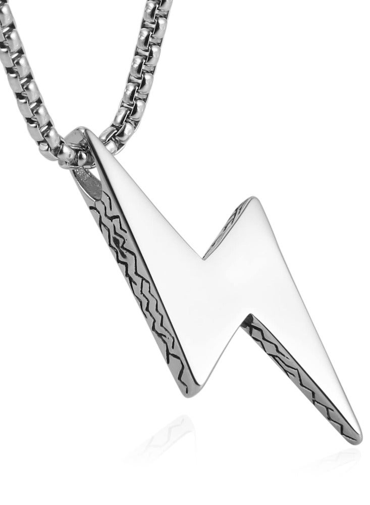 Bold Stainless Steel Lightning Bolt Pendant with Box Chain - Energetic Men's Statement Necklace  - Image 1