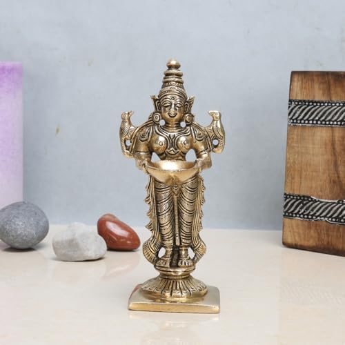 ARTVARKO Brass Deep Lakshmi Lady Diya Oil Lamp Standing with Lamps Deeplaxmi Statue Religious Showpiece 6 Inch. - Image 1