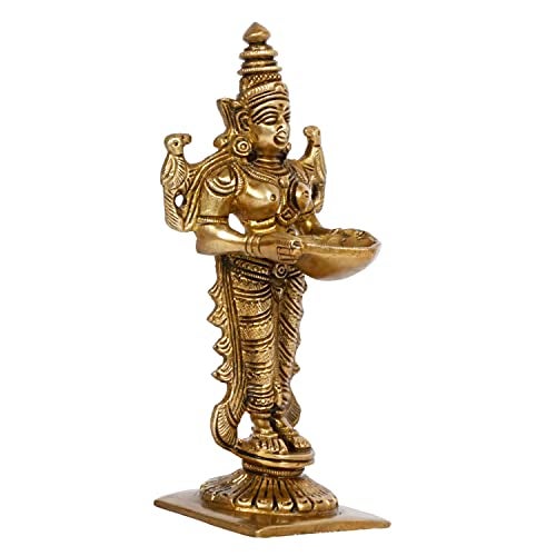 ARTVARKO Brass Deep Lakshmi Lady Diya Oil Lamp Standing with Lamps Deeplaxmi Statue Religious Showpiece 6 Inch. - Image 3