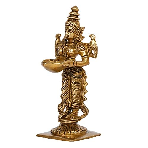 ARTVARKO Brass Deep Lakshmi Lady Diya Oil Lamp Standing with Lamps Deeplaxmi Statue Religious Showpiece 6 Inch. - Image 4