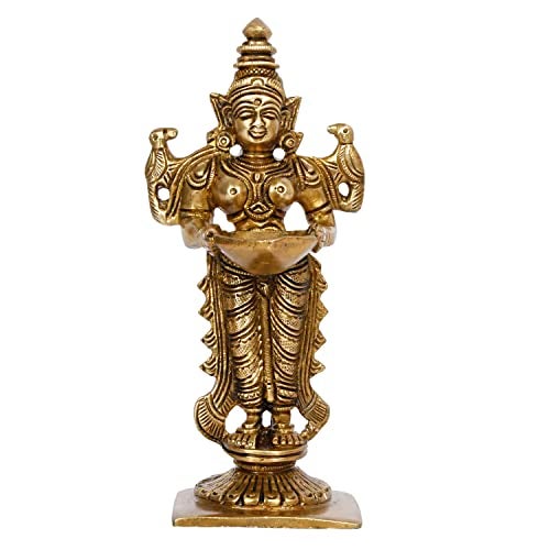 ARTVARKO Brass Deep Lakshmi Lady Diya Oil Lamp Standing with Lamps Deeplaxmi Statue Religious Showpiece 6 Inch. - Image 2