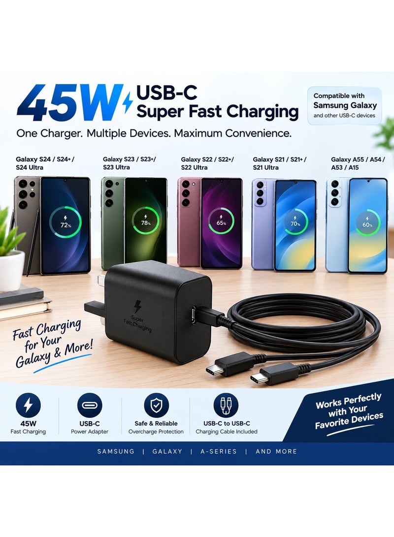 زامفا شاحن USB-C فائق السرعة بقوة 45 واط بتقنية الشحن السريع PD مع كابل USB-C إلى USB-C | محول طاقة من النوع C متوافق مع هواتف سامسونج جالاكسي S24، S23، S22، S21، S20 ألترا، S24+، S23+، S22+، S21+، A55، A54، A53، A15 - Image 3