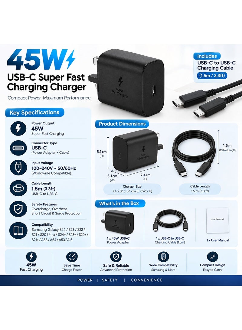 زامفا شاحن USB-C فائق السرعة بقوة 45 واط بتقنية الشحن السريع PD مع كابل USB-C إلى USB-C | محول طاقة من النوع C متوافق مع هواتف سامسونج جالاكسي S24، S23، S22، S21، S20 ألترا، S24+، S23+، S22+، S21+، A55، A54، A53، A15 - Image 4