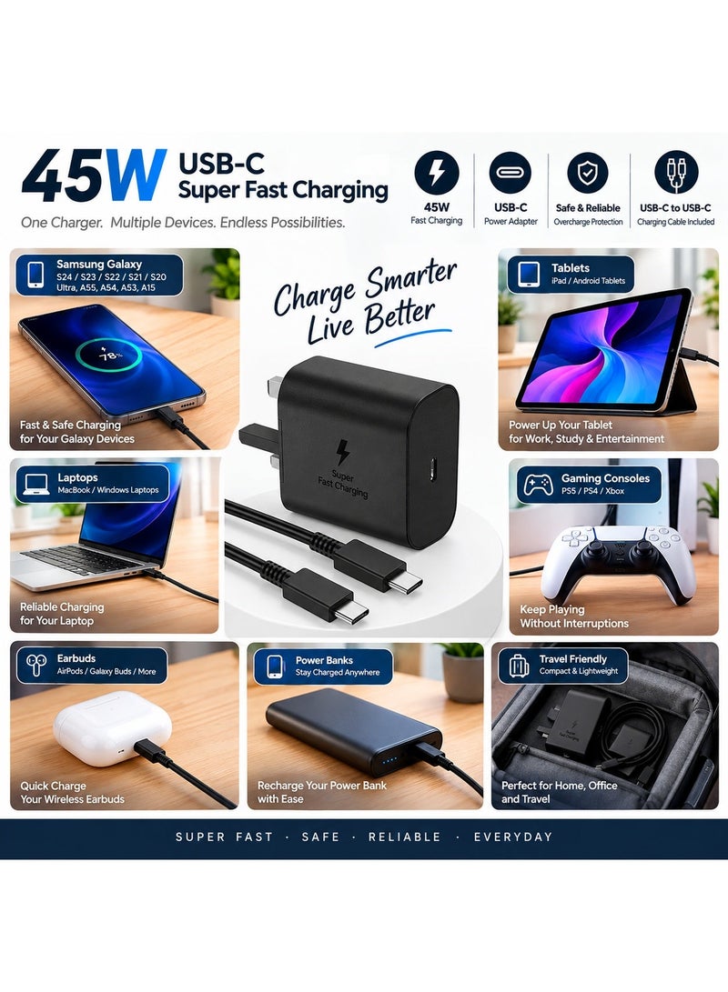 زامفا شاحن USB-C فائق السرعة بقوة 45 واط بتقنية الشحن السريع PD مع كابل USB-C إلى USB-C | محول طاقة من النوع C متوافق مع هواتف سامسونج جالاكسي S24، S23، S22، S21، S20 ألترا، S24+، S23+، S22+، S21+، A55، A54، A53، A15 - Image 2