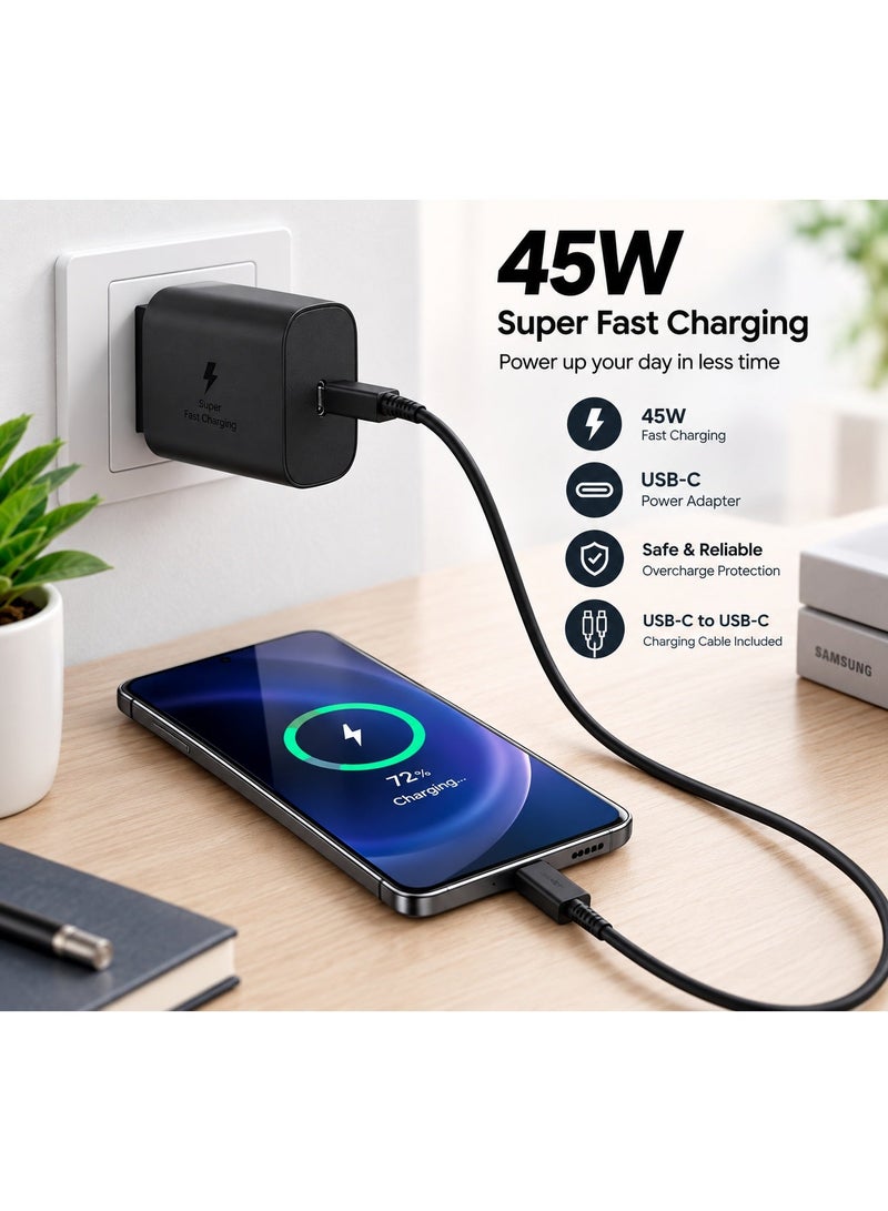زامفا شاحن USB-C فائق السرعة بقوة 45 واط بتقنية الشحن السريع PD مع كابل USB-C إلى USB-C | محول طاقة من النوع C متوافق مع هواتف سامسونج جالاكسي S24، S23، S22، S21، S20 ألترا، S24+، S23+، S22+، S21+، A55، A54، A53، A15 - Image 1