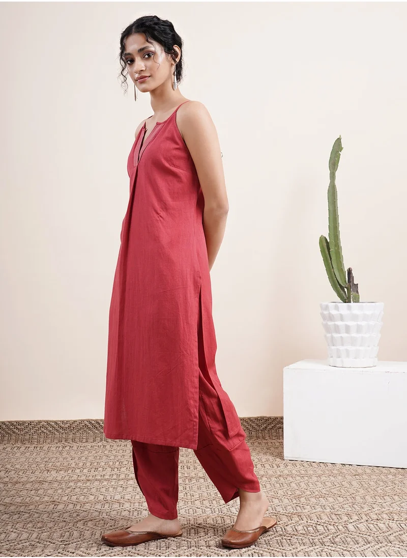 Abhishti Maroon Strappy kurta with contrast stitches on placket