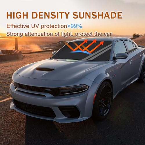YOSRTER Front Windshield Sun Shade Fit for Dodge Charger Challenger Durango Journey Universal Fit to All Dodge Cars Foldable Sun Visor Protector Custom Fit Dodge Window Sunhade (Black Gray) - Image 2