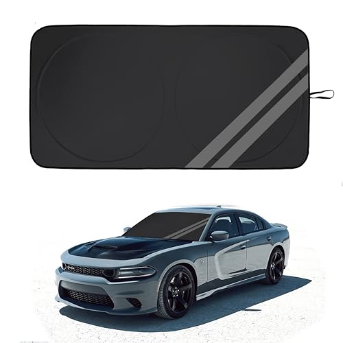 YOSRTER Front Windshield Sun Shade Fit for Dodge Charger Challenger Durango Journey Universal Fit to All Dodge Cars Foldable Sun Visor Protector Custom Fit Dodge Window Sunhade (Black Gray) - Image 1