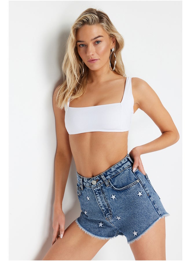 trendyol - Dark Blue Denim Embroidered Denim 100% Cotton Shorts &amp; Bermuda TBESS22SR0392 - Image 1