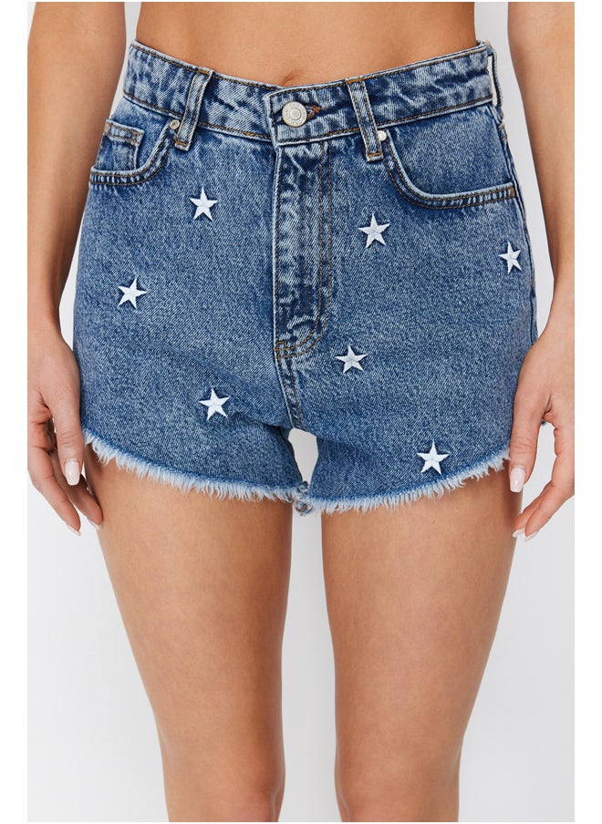 trendyol - Dark Blue Denim Embroidered Denim 100% Cotton Shorts &amp; Bermuda TBESS22SR0392 - Image 1