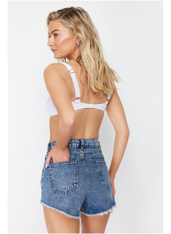 trendyol - Dark Blue Denim Embroidered Denim 100% Cotton Shorts &amp; Bermuda TBESS22SR0392 - Image 1
