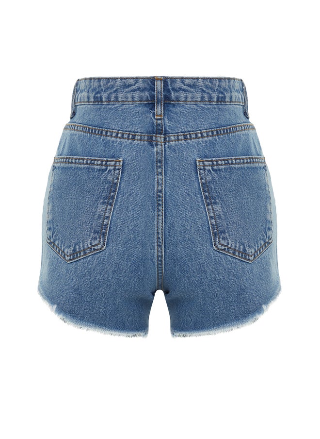 trendyol - Dark Blue Denim Embroidered Denim 100% Cotton Shorts &amp; Bermuda TBESS22SR0392 - Image 1