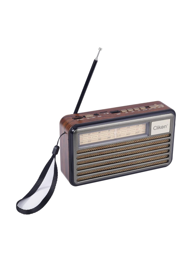 Clikon Rechargeable Vintage Radio with Wooden Finish Body, FM/AM/SW Band/DSP Radio Forms, Bluetooth/USB/TF Card Connectivity, 2 Years Warranty, Brown – CK837 - Image 3