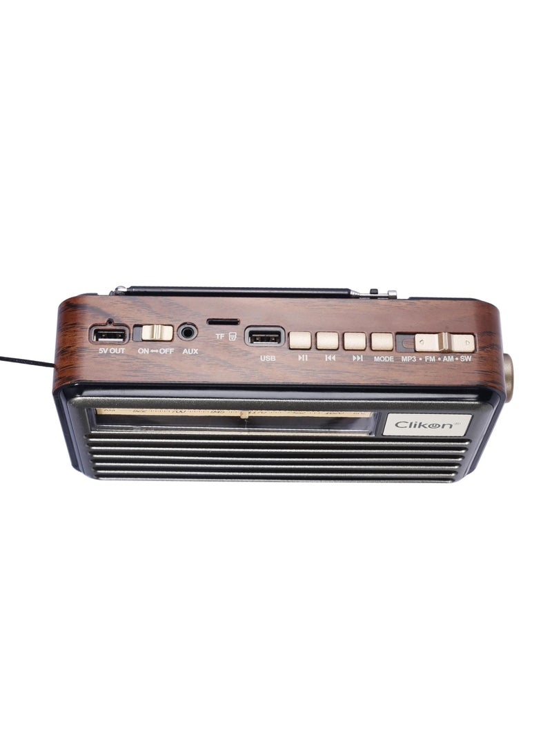 Clikon Rechargeable Vintage Radio with Wooden Finish Body, FM/AM/SW Band/DSP Radio Forms, Bluetooth/USB/TF Card Connectivity, 2 Years Warranty, Brown – CK837 - Image 4