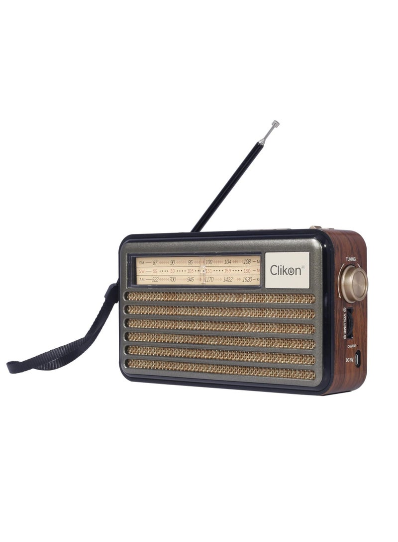 Clikon Rechargeable Vintage Radio with Wooden Finish Body, FM/AM/SW Band/DSP Radio Forms, Bluetooth/USB/TF Card Connectivity, 2 Years Warranty, Brown – CK837 - Image 2