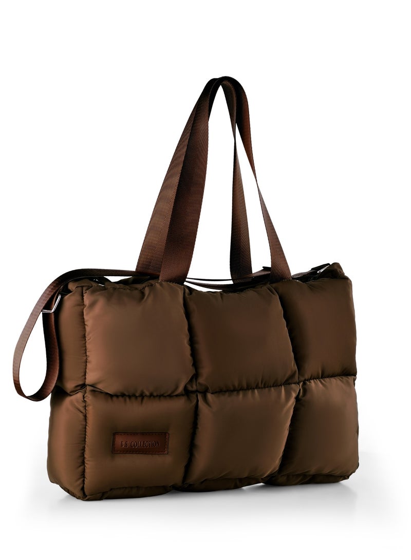 B.S COLLECTION Large capacity waterproof soft quilted shoulder bag and hand bag for women - Brown  - Image 1
