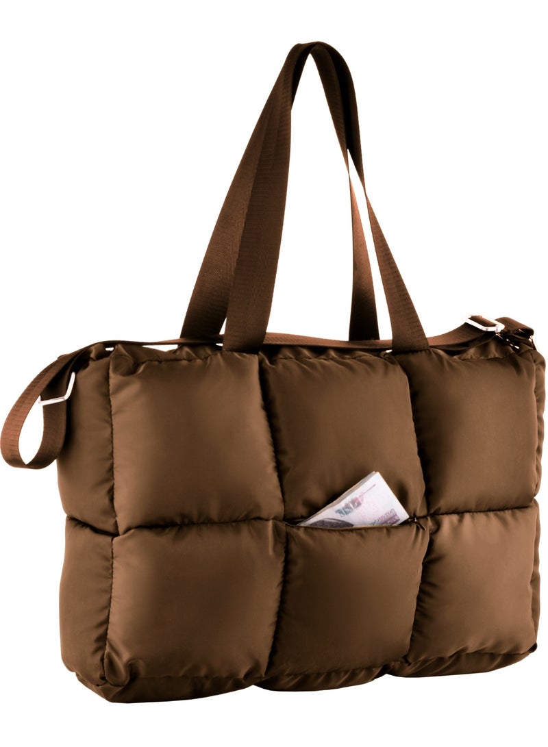B.S COLLECTION Large capacity waterproof soft quilted shoulder bag and hand bag for women - Brown  - Image 3