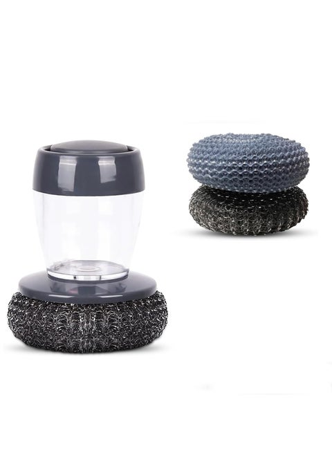 Soap Dispenser Palm Brush Sponge for Kitchen Sink Pan Pot Oven & Other Dish Scrubber with Holder Easy to Use Heavy Duty (1Pcs + 2Extra Pads)