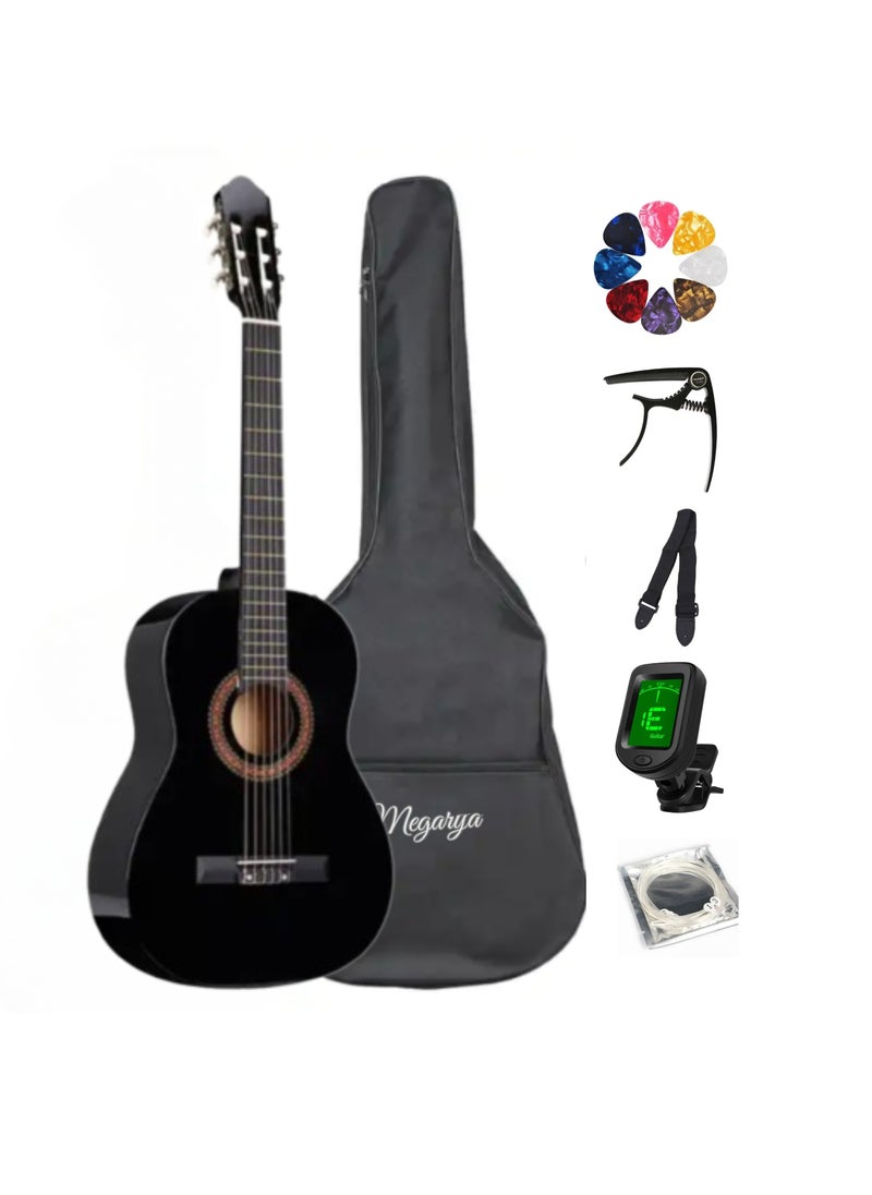 Megarya - 38” Classical Guitar with Nylon Strings Guitar with Truss Rod for Beginner Professional Acoustic with Bag, Strap, Capo, Picks, Strings, Tuner(Black) - Image 1