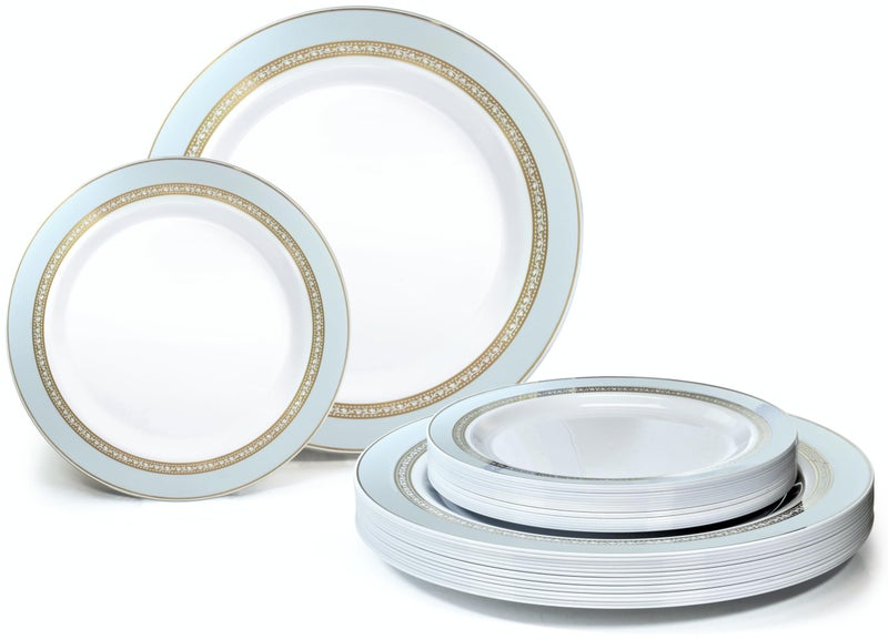 OCCASIONS FINEST PLA "" OCCASIONS "" 50 Plates Pack (25 Guests)-Heavyweight Wedding Party Disposable Plastic Plate Set -25 x 10.5'' Dinner + 25 x 7.5'' Salad/dessert plates (Ritz Blue and Gold) - Image 1