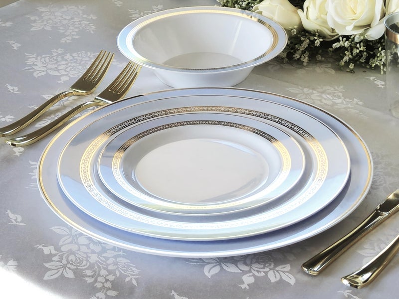 OCCASIONS FINEST PLA "" OCCASIONS "" 50 Plates Pack (25 Guests)-Heavyweight Wedding Party Disposable Plastic Plate Set -25 x 10.5'' Dinner + 25 x 7.5'' Salad/dessert plates (Ritz Blue and Gold) - Image 2