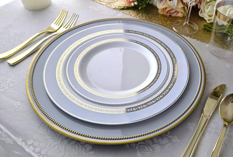 OCCASIONS FINEST PLA "" OCCASIONS "" 50 Plates Pack (25 Guests)-Heavyweight Wedding Party Disposable Plastic Plate Set -25 x 10.5'' Dinner + 25 x 7.5'' Salad/dessert plates (Ritz Blue and Gold) - Image 4