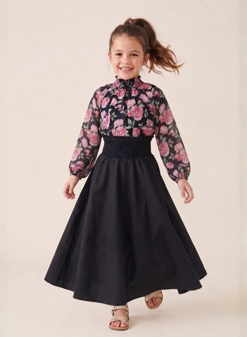 Luxe & Hardy Girls Printed High Neck Top With Skirt
