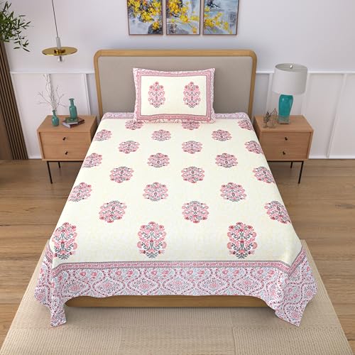 EasyGoods® 100% Pure Cotton Jaipuri Bedsheet with Pillow Covers | Soft & Breathable Fabric | Traditional Floral Print | Cotton Bedsheet (Pink 3, Single) - Image 2