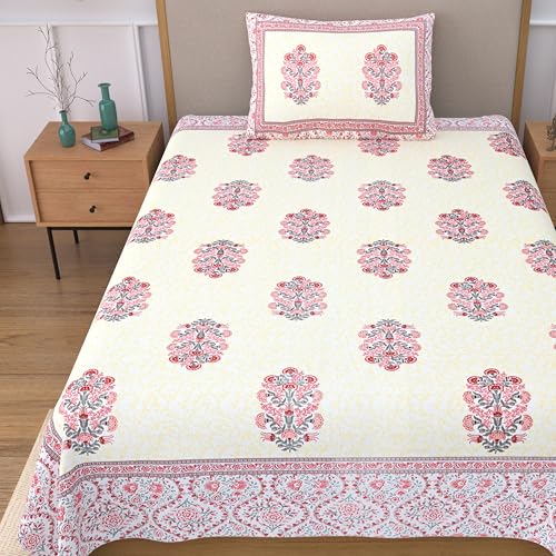 EasyGoods® 100% Pure Cotton Jaipuri Bedsheet with Pillow Covers | Soft & Breathable Fabric | Traditional Floral Print | Cotton Bedsheet (Pink 3, Single) - Image 1