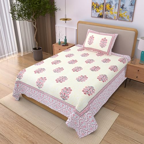 EasyGoods® 100% Pure Cotton Jaipuri Bedsheet with Pillow Covers | Soft & Breathable Fabric | Traditional Floral Print | Cotton Bedsheet (Pink 3, Single) - Image 3