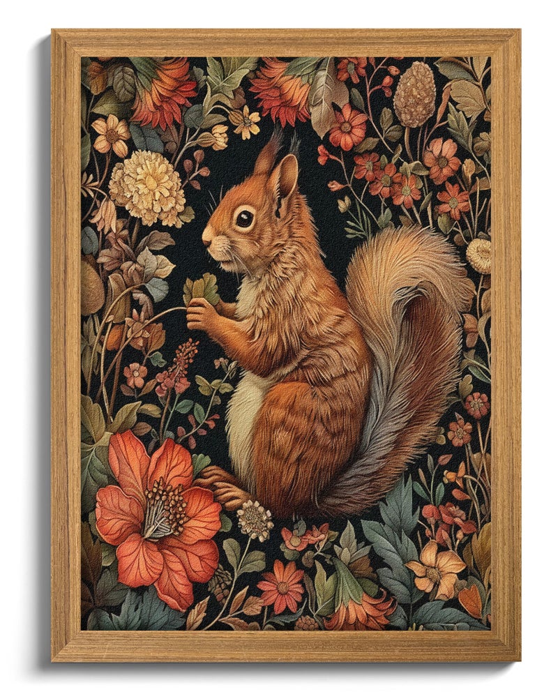 AKWISH Framed Vintage Squirrel Wall Art, 3D Textured Squirrel Among Flowers Painting Art, Hand Drawn Sandstone Botanical Floral Pictures, Modern Farmhouse Wall Decor for Living Room Bedroom 12x16 inch - Image 1