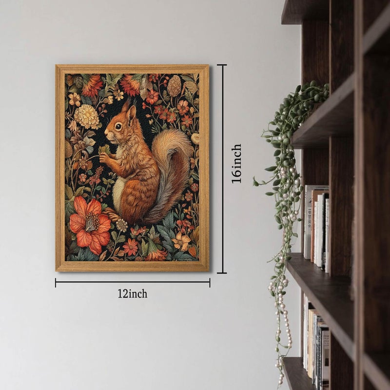 AKWISH Framed Vintage Squirrel Wall Art, 3D Textured Squirrel Among Flowers Painting Art, Hand Drawn Sandstone Botanical Floral Pictures, Modern Farmhouse Wall Decor for Living Room Bedroom 12x16 inch - Image 3
