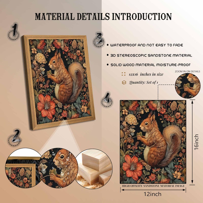 AKWISH Framed Vintage Squirrel Wall Art, 3D Textured Squirrel Among Flowers Painting Art, Hand Drawn Sandstone Botanical Floral Pictures, Modern Farmhouse Wall Decor for Living Room Bedroom 12x16 inch - Image 5