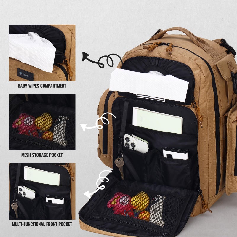 Dinictis Dad Diaper Bag, Mens Diaper Bag Backpack with Diaper Changing Mat, Military Diaper Backpack with Molle Webbing, Waterproof Pouch, Baby Wipes pocket, Insulated Bottle Pockets- Jungle Brown - Image 3