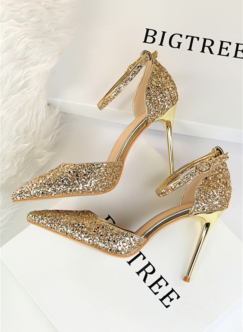 BIGTREE 9.5cm European Style Thin Heels High Heels Shallow Mouth Pointed Hollow Sequin One-Line Sandals For Women Gold - Image 2