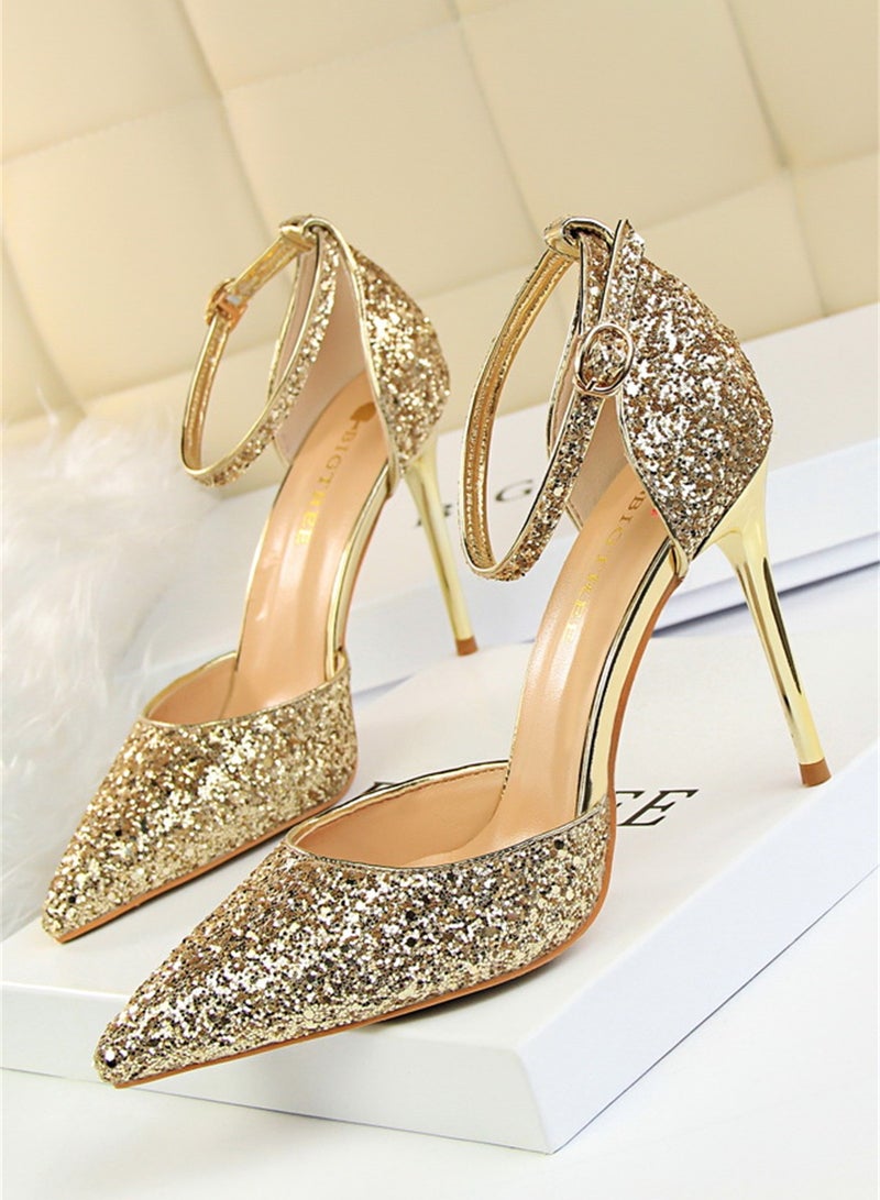 BIGTREE 9.5cm European Style Thin Heels High Heels Shallow Mouth Pointed Hollow Sequin One-Line Sandals For Women Gold - Image 1
