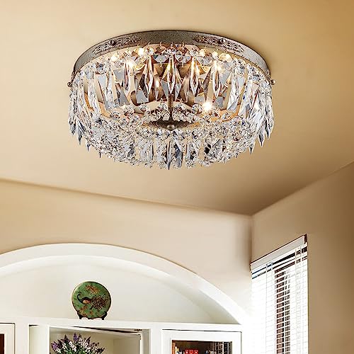 Bestier Antique Silver French Empire Crystal Semi Flush Mount Chandelier Lighting LED Ceiling Light Fixture Lamp for Dining Room Bathroom Bedroom Livingroom 4 E12 Bulbs Required D14 in X H8 in - Image 1