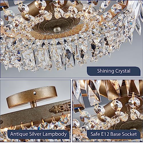 Bestier Antique Silver French Empire Crystal Semi Flush Mount Chandelier Lighting LED Ceiling Light Fixture Lamp for Dining Room Bathroom Bedroom Livingroom 4 E12 Bulbs Required D14 in X H8 in - Image 4