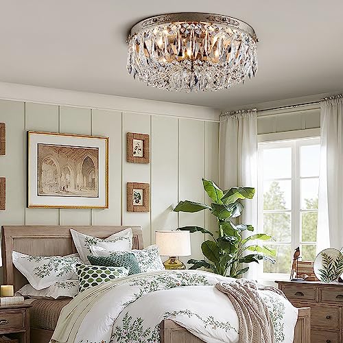 Bestier Antique Silver French Empire Crystal Semi Flush Mount Chandelier Lighting LED Ceiling Light Fixture Lamp for Dining Room Bathroom Bedroom Livingroom 4 E12 Bulbs Required D14 in X H8 in - Image 2