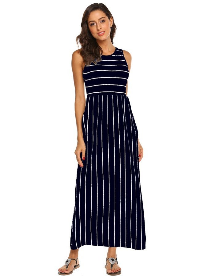 Hount Women's Summer Sleeveless Striped Flowy Casual Long Maxi Dress with Pockets (Navy Blue, XX-Large) - Image 5