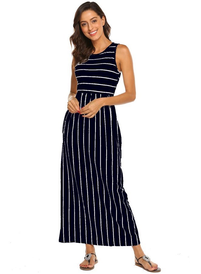 Hount Women's Summer Sleeveless Striped Flowy Casual Long Maxi Dress with Pockets (Navy Blue, XX-Large) - Image 4